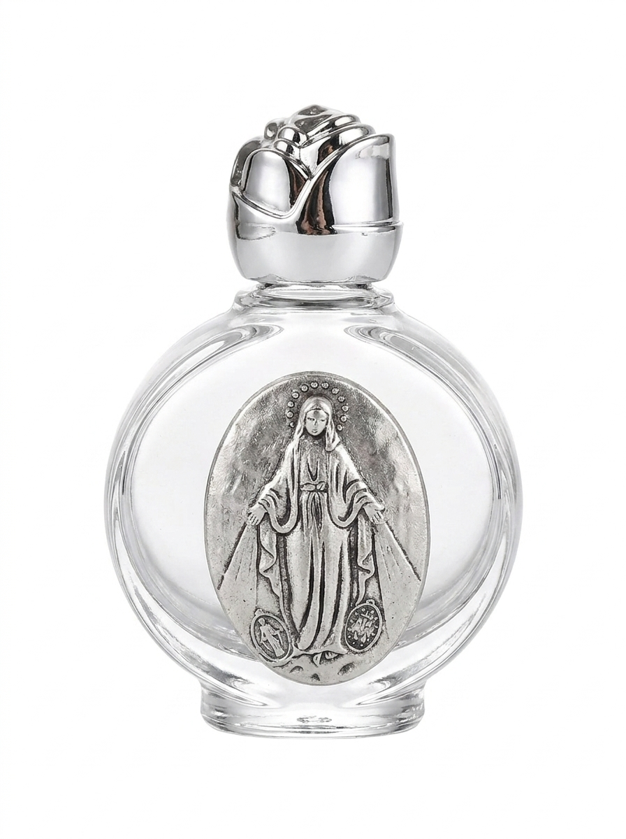 Holy Water Glass Bottle with Virgin Mary Sculpture